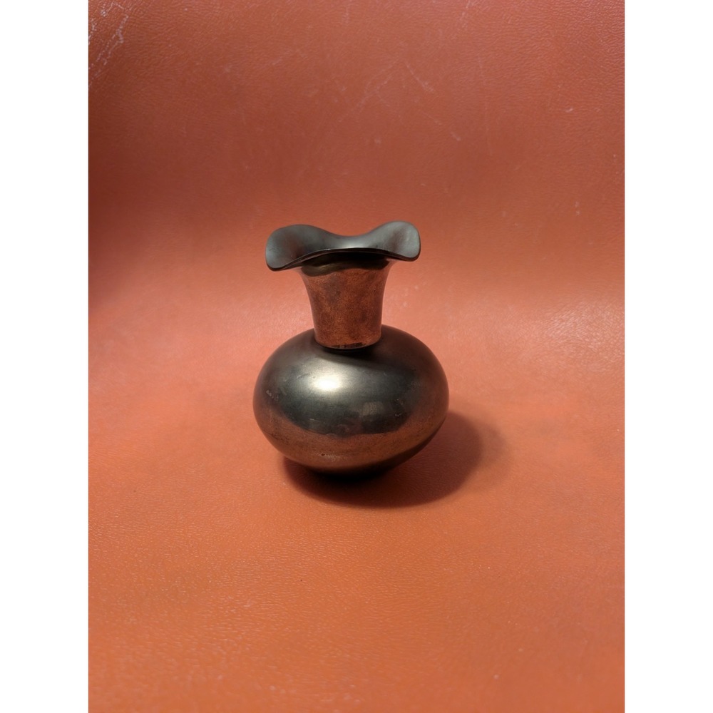Vintage Enesco Solid Brass Bud Vase Ruffled Rim Squat Bulbous Made in India MCM
